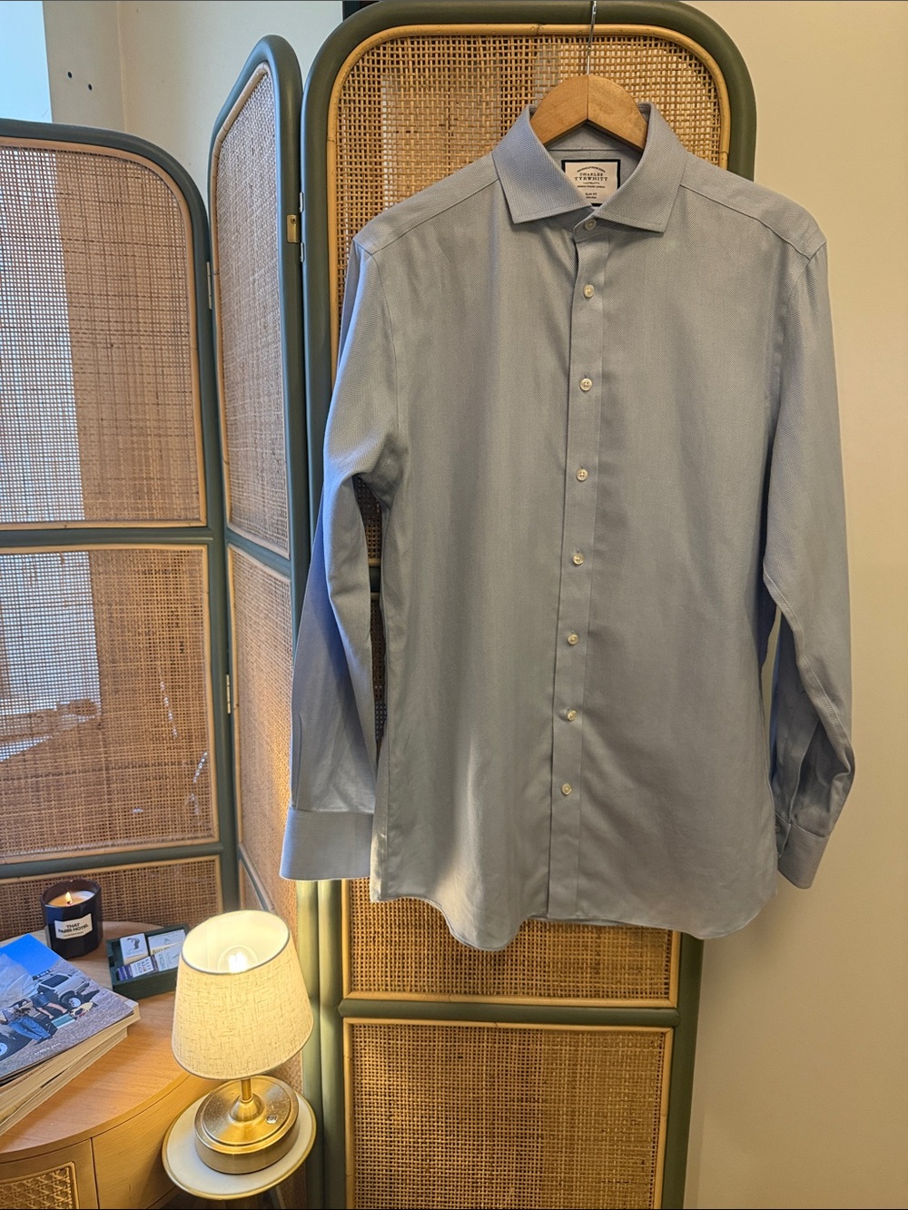 Charles Tyrwhitt Slim Fit Non Iron Dress Shirt 16/35 Light Blue Herringbone